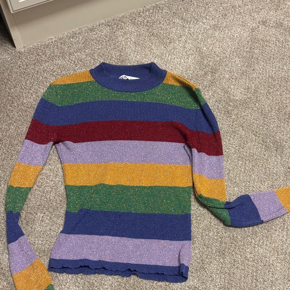 Zara Green, Purple & Gold Shimmer Stripe Knit Top